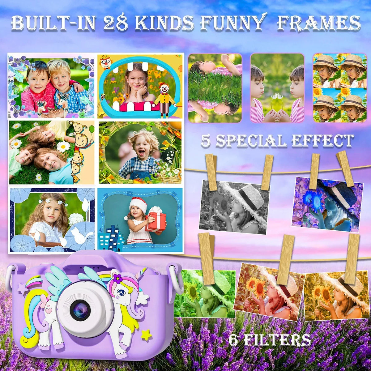 Mini-appareil photo pour enfants licorne, Full HD 1080p et écran de 2 pouces