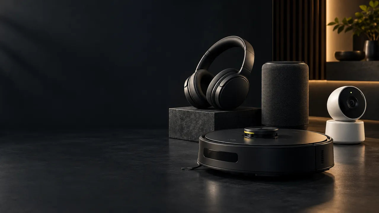 Scène illustrative d'audio et de technologie pour la maison sur fond sombre