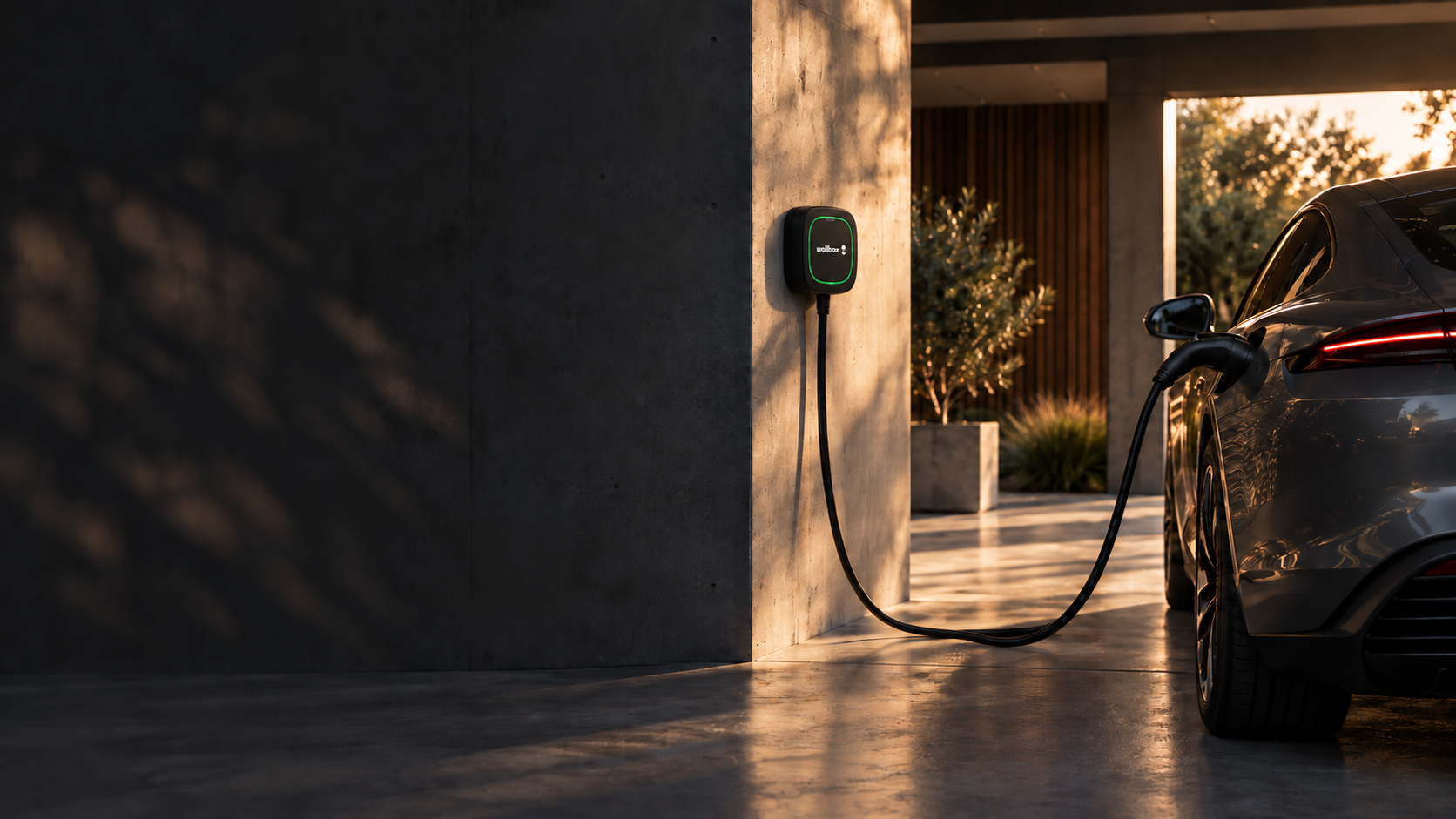 Electric car connected to a wall charger to recharge its battery in a contemporary garage